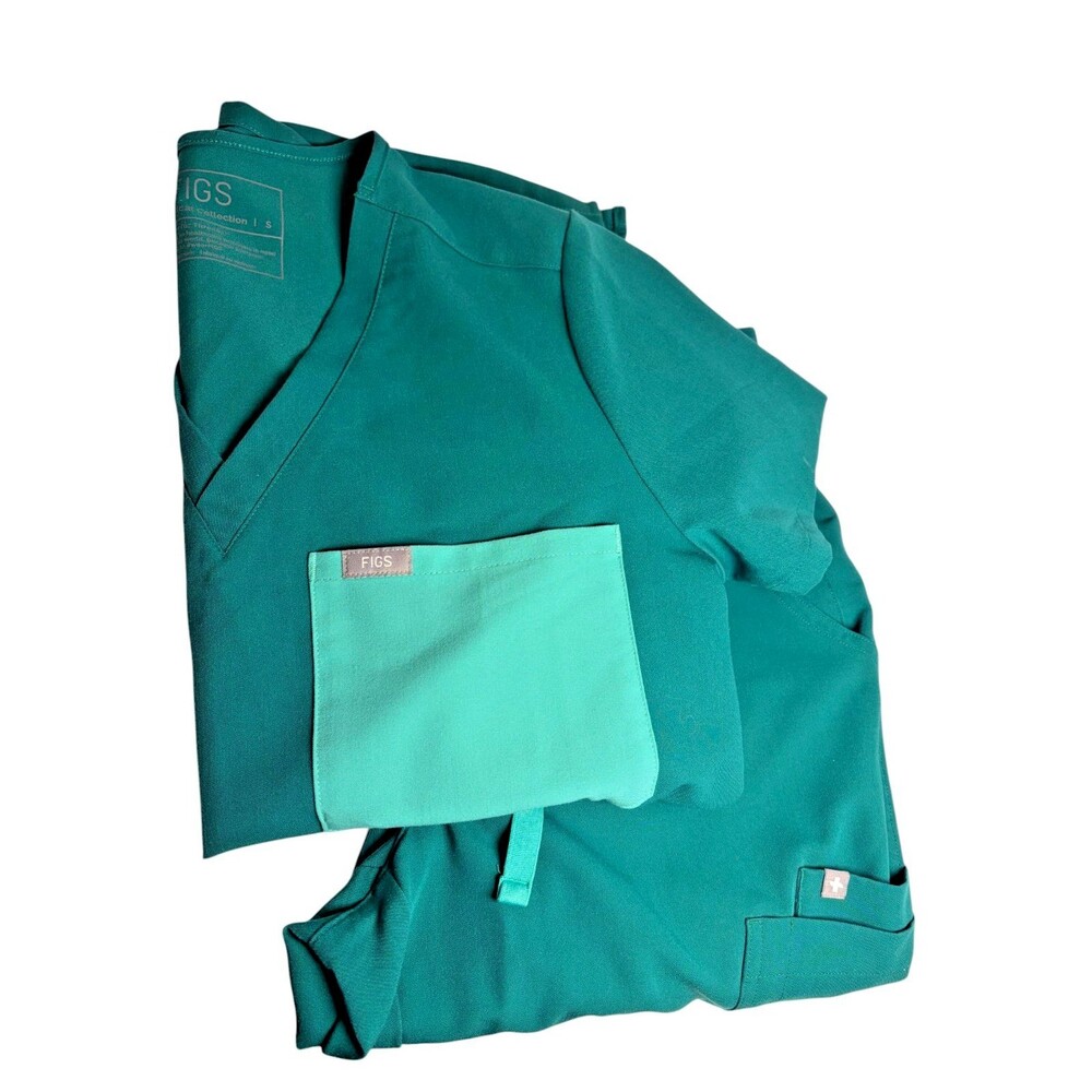 FIGS Scrub Set Womens Sz Small Green Teal Colorblock Remix Jogger Pants Top Set